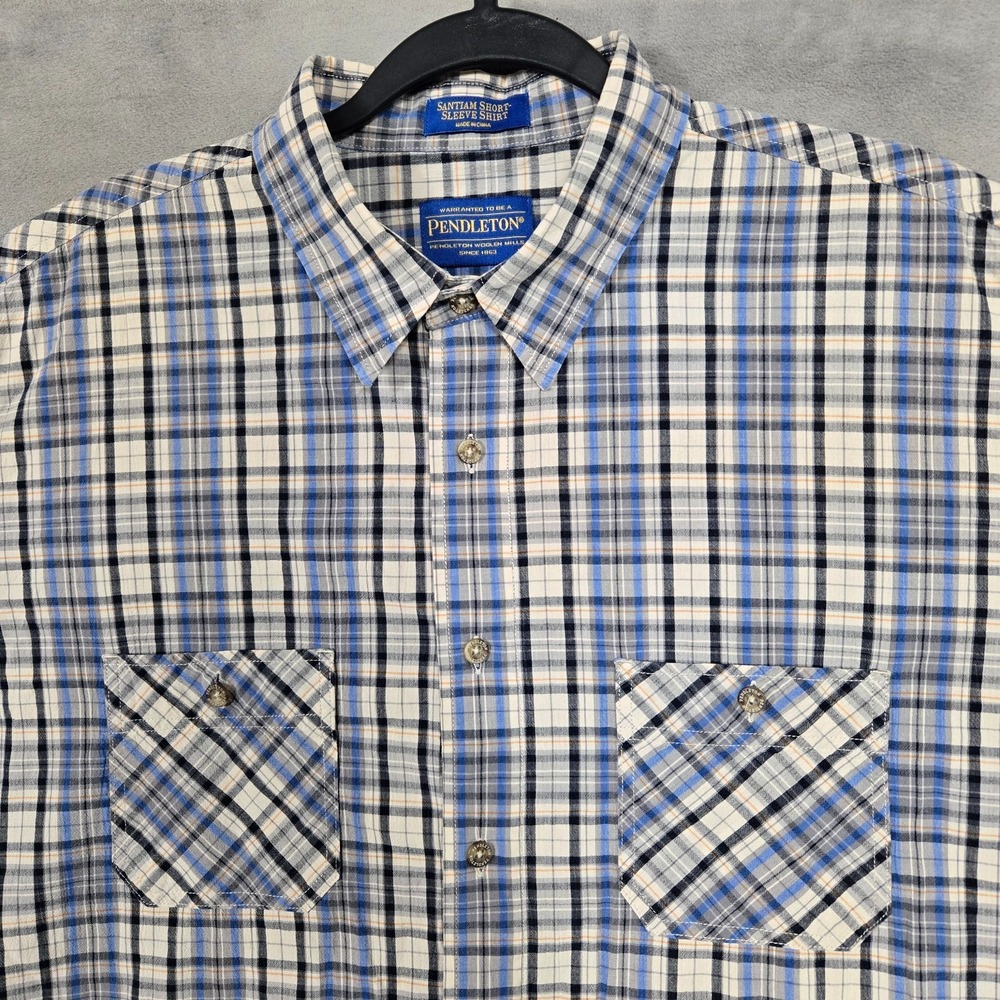 Pendleton Santiam shirt mens XL Button up Plaid Short Sleeve blue black gray
